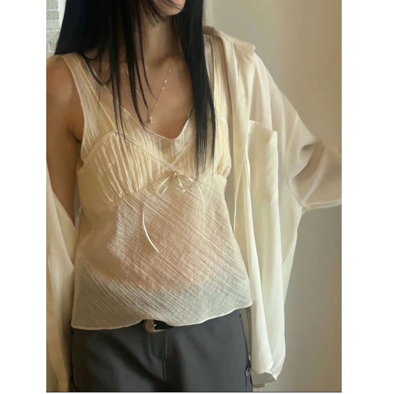 Spring Summer Folded Texture Camisole Tank Top Inner Wear Small Sexy Women's Short Polyester Fiber Cotton Rayon Blend
