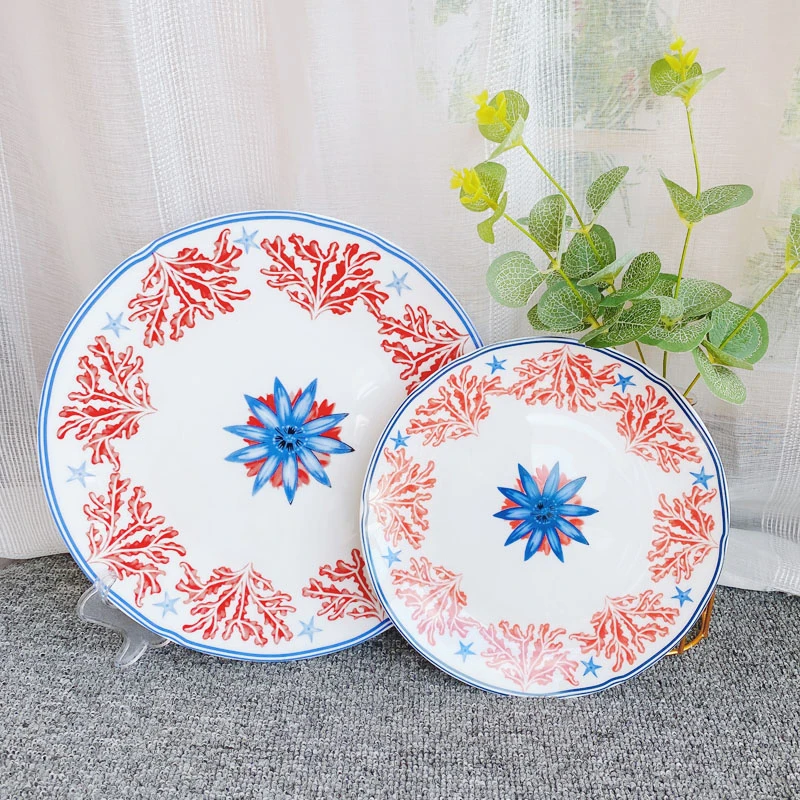 Dinnerware Set Red Coral Design Bone China Flat Plate 10inch Dinner Tray Coffee Cup Set European Style Home Dining Plate Salad