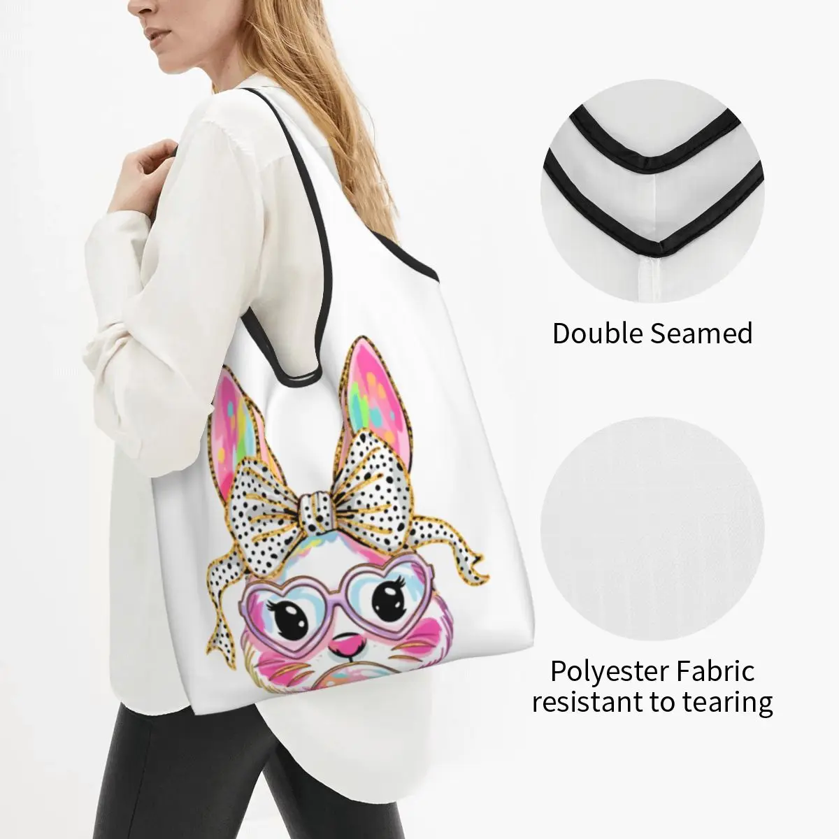Happy Easter Bunny Grocery Bags Durable Large Reusable Recycle Foldable Heavy Duty Shopping Eco Bag Washable With Pouch