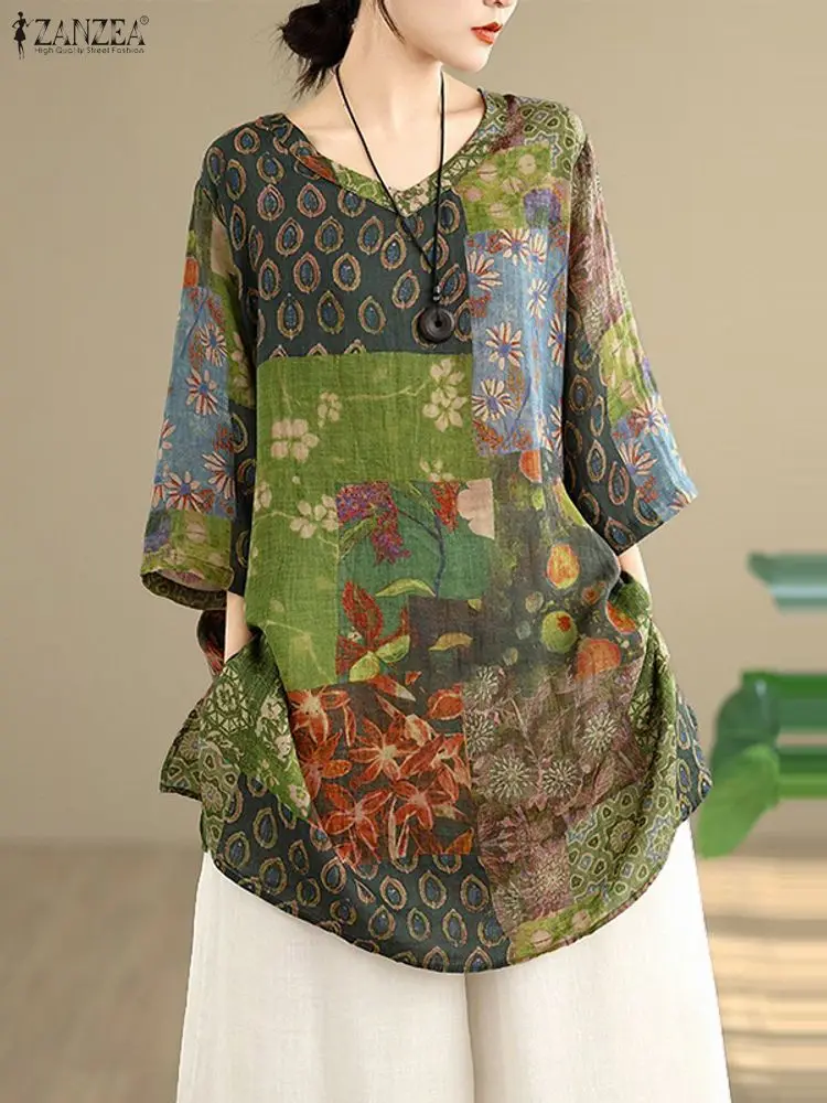 

Vintage Printed Blouse ZANZEA Autumn Women Long Tops Retro V Neck Long Sleeve Blusas Female Casual Loose Shirt Mujer Oversize