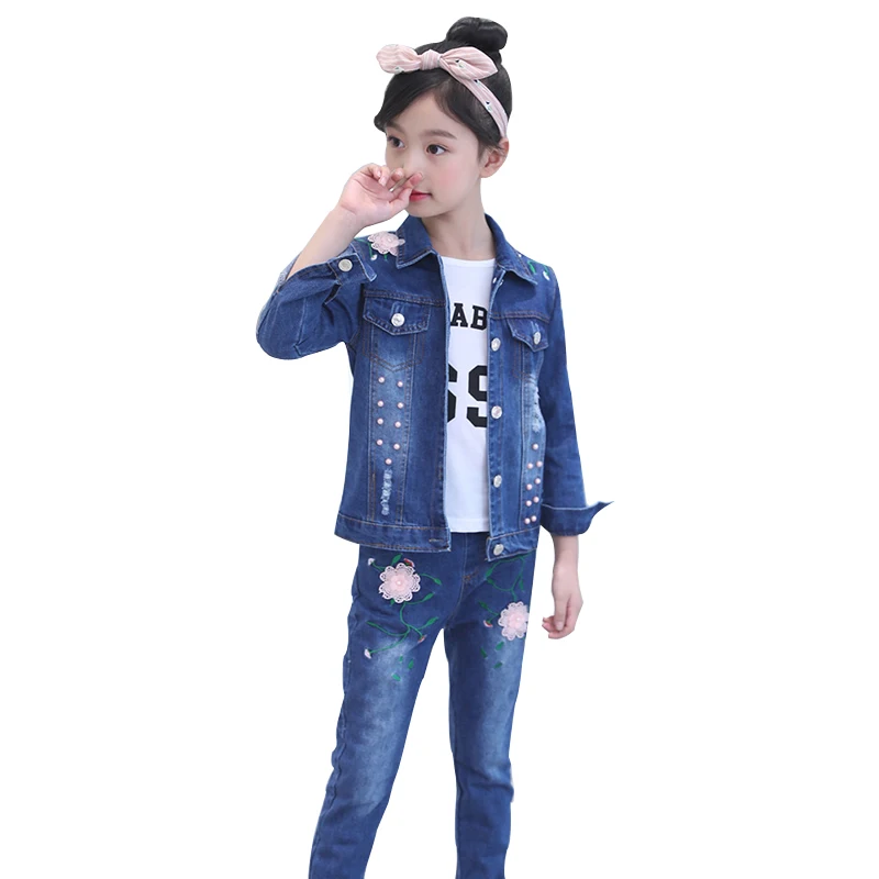 Baby Girl Cowboy Suits 2021 Kids Clothing Set 4 6 8 10 12 14 Years Girls Cotton Casual Denim Jacket + Jeans 2pcs Flower Outfits