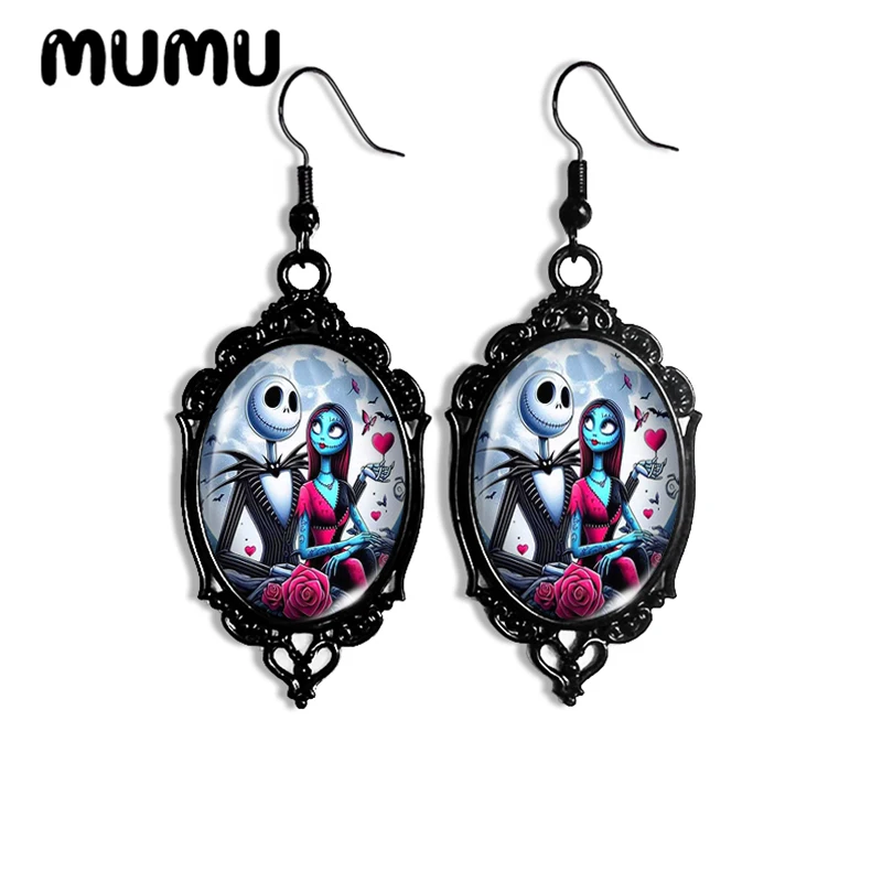 2024 New Halloween Sally Jack Dangle Earring Black Lace Oval Earrings Handmade Glass Dome Jewelry Gifts