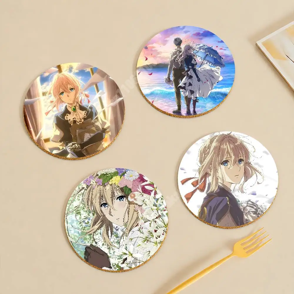 V-Violet E-Evergarden Wooden Cup Mat Americano Beer Milk Water Coaster for Baking Studio