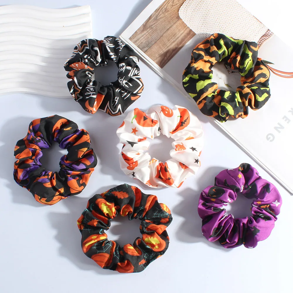 1Pc Pumpkin Funny Halloween Hair Ties Spider Web Ghost Print Scrunchies Party Hair Accessories No Damage High Elasticity