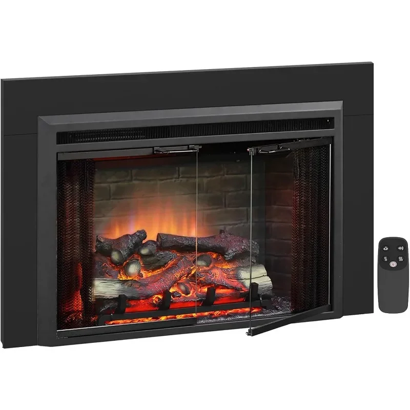 PuraFlame Klaus 33” Electric Fireplace Insert with Trim Kit, Fire Crackling Sound, Resin Log, Glass Door and Mesh Screen