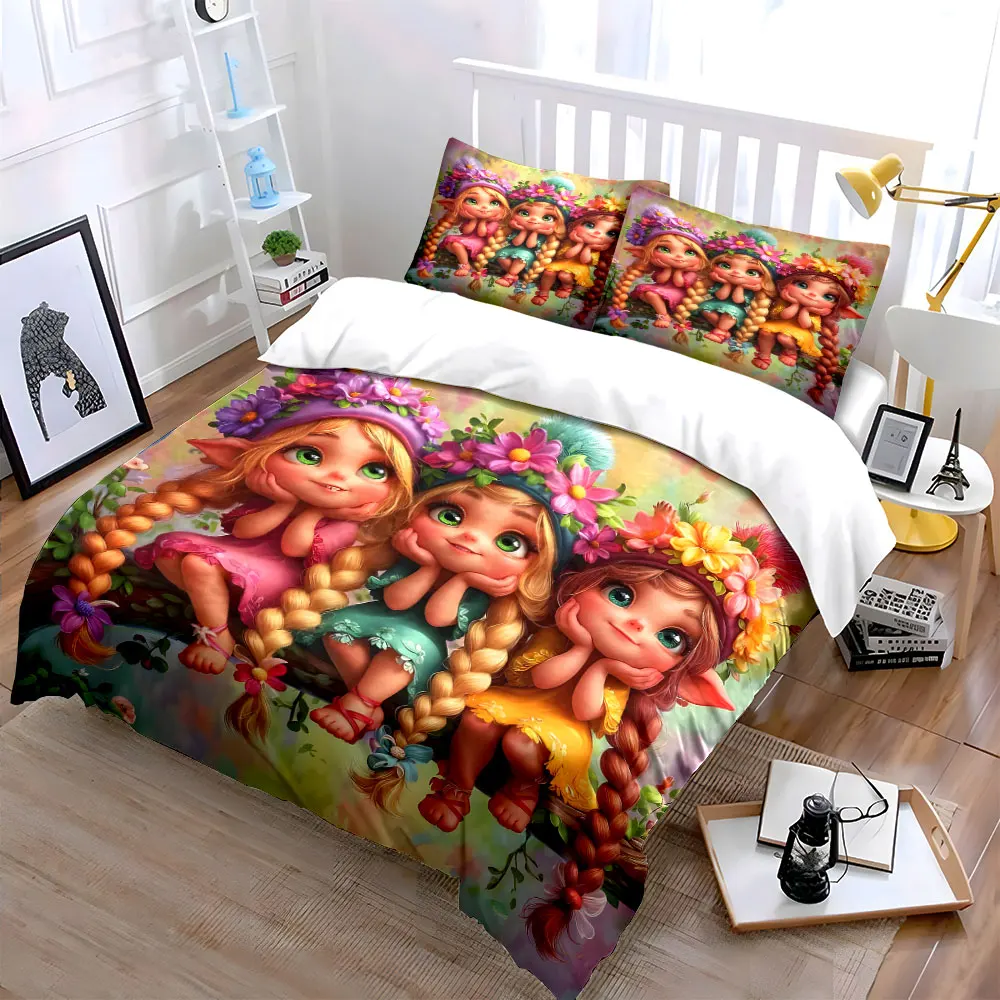 Long-haired elves with flower hats Printed Duvet Cover Set1 Duvet Cover+2 PillowcaseMulti Size Bedroom Bedding Decoration
