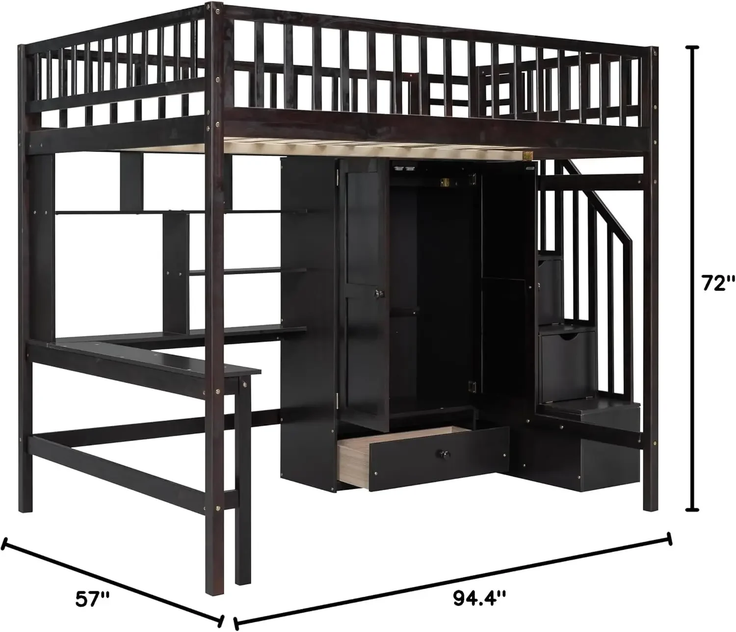 Children Beds Full Size Loft Beds Stairway Loft Bed Frame with Wardrobe Desk Bookcase and Drawers Espresso 94.4