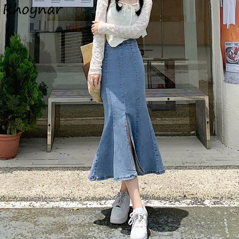 Mermaid Denim Skirts Women Slit High Street Temper Simply Elegant Ladies Korean Fashion Vintage Stylish Clothing Slim Hotsweet