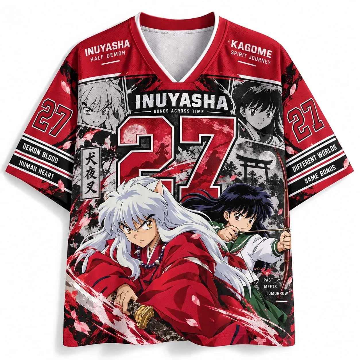 New Anime Cartoon Q-Version Inuyasha Double sided Printed V-neck Street Large Loose Quick drying Sportswear Style Family T-shirt