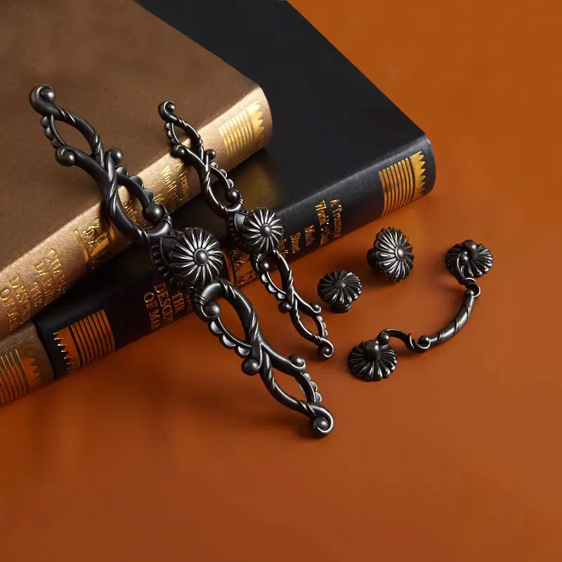 

European Antique Black Cabinet Handles Vintage Wardrobe Pulls Single Hole Drawer Knobs With Backplate Retro Furniture Hardware