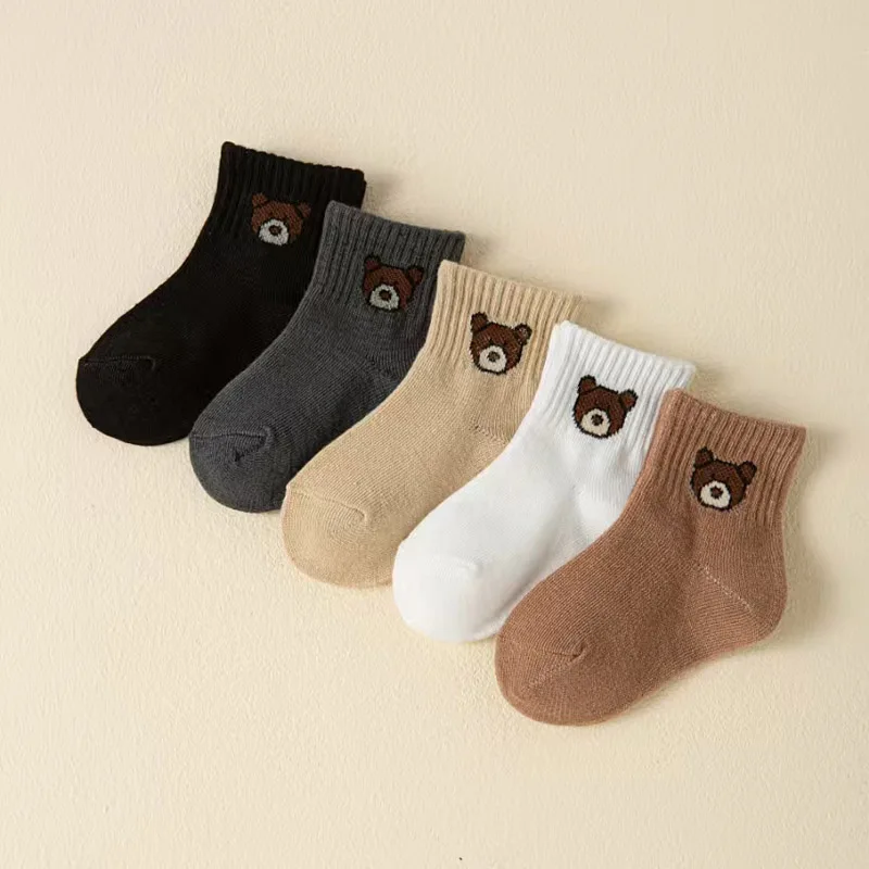 5 Pairs Kids Socks Cute Cartoon Bear Pattern Boys Girls Socks Comfortable for Toddler