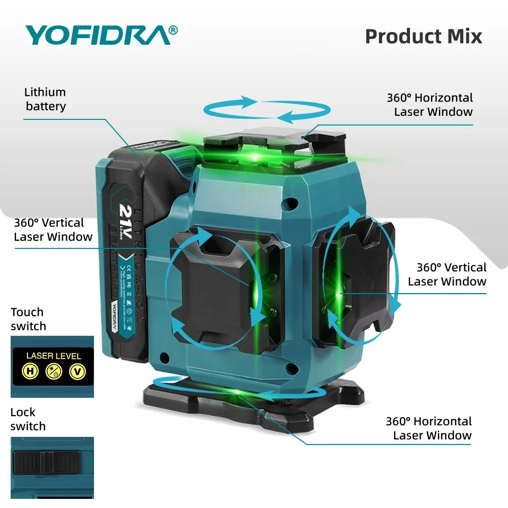 YOFIDRA 4D 16 Linien Ultra Leistungsstarker Grüner Strahl 360 ° Selbstnivellierende horizontale Lasernivelliergeräte mit 1-Meter-Stativ für Makita 21V-Akkus – Detail 15