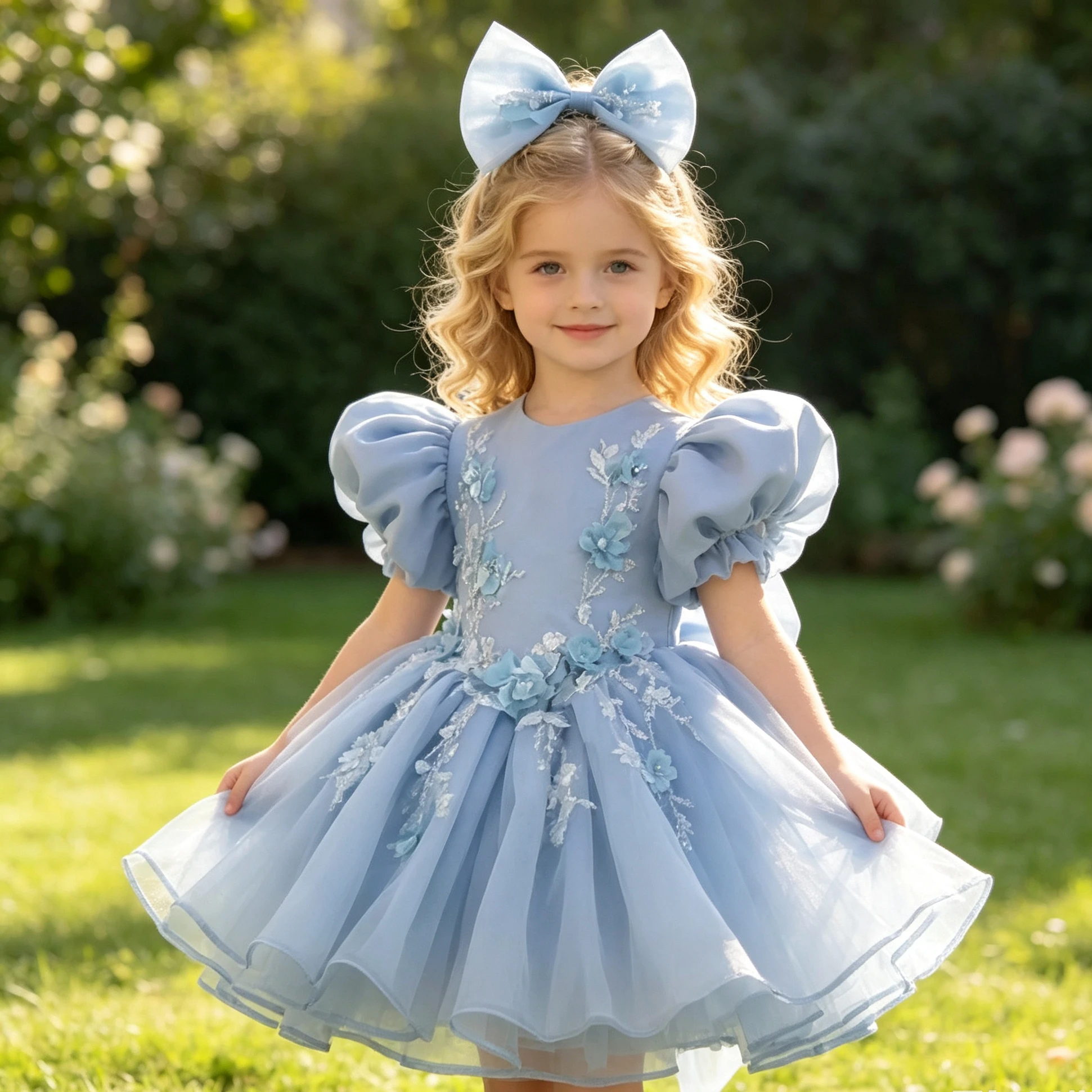 Customized Blue Flower Girl Dress For Wedding Appliques Bow Short Sleeve Knee Length Kids Birthday Party First Communion Gown