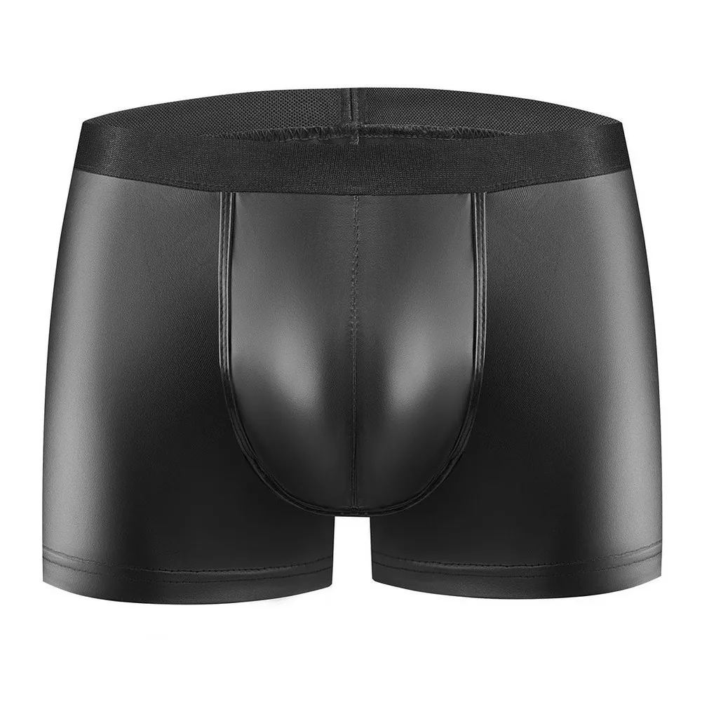 Men Sexy Lingerie Shorts Matte PU Leather Soft Breathable Side Open Bulge Pouch Underwear Male Boxers Shorts Trunks