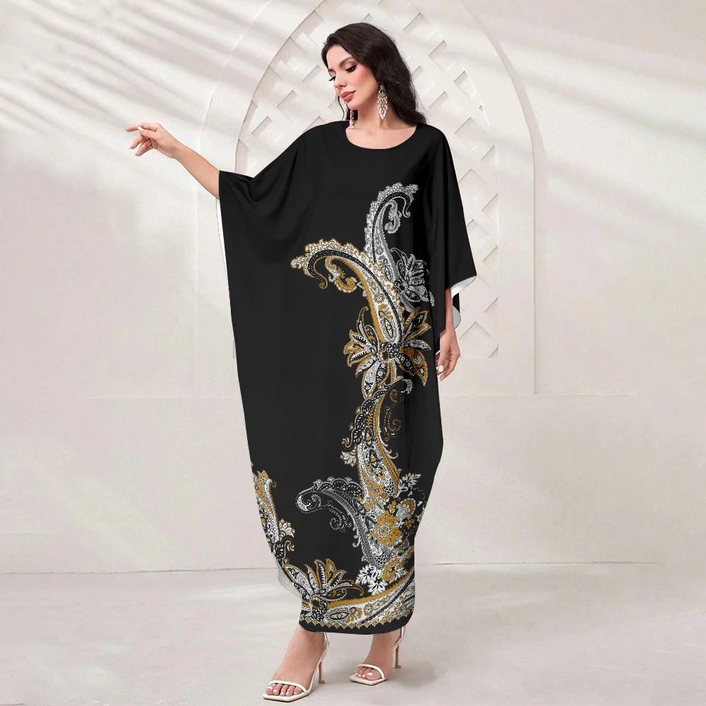 Gilbab Muslim Women's Long Dress Summer Vintage Print Muslim Islamic Bat Sleeve Robe Delicate Muslim Dinner Noble Elegant Dress