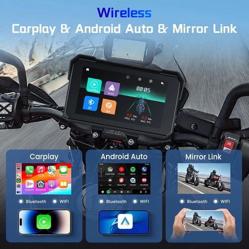 Imagen 2 del producto Navegador GPS Portátil de 5 Pulgadas para Motocicleta con Carplay Inalámbrico, Android Auto, Monitor para Tablero de Moto, Pantalla Impermeable IPX7