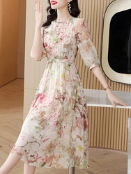 Women Pink Silk Elegant Casual Festival Vestidos Summer Fashion Chic Korean One Piece Dress 2024 New Luxury Party Evening Dress