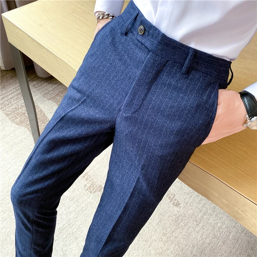 Imagen 2 del producto Pantalones de traje a rayas a cuadros de Color sólido para hombres, traje informal Formal de oficina de negocios, pantalones de vestido de novia para novio, moda Boutique