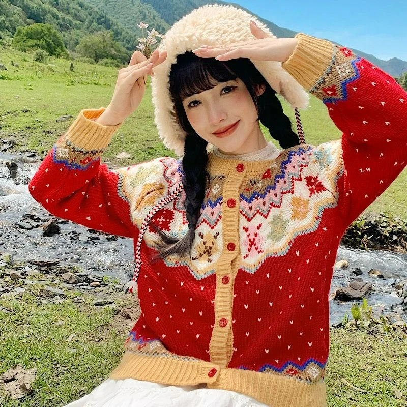 Kerst Jacquard Ontwerp Single-breasted Trui voor Vrouwen 2026 Herfst/winter Nieuwe Stijl Modieuze Losse Gebreide Top voor Vrouwen