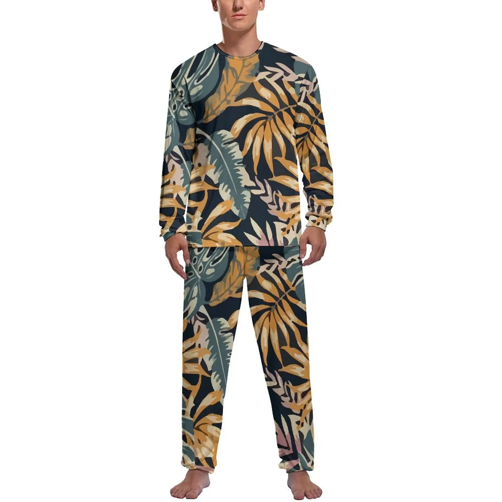 Tropical Plants Pajamas Colorful Leaves Mens Long Sleeve Elegant Pajamas Set 2 Pieces Home Daily Graphic Nightwear Birthday Gift