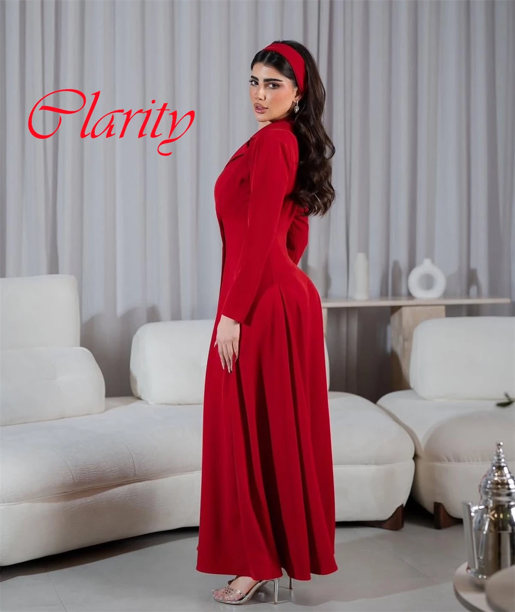 

Customized High Quality Red Jersey Evening Dress Temperament V-Neck Long Sleeves Sweep Train Ruched Special Occasion Gowns