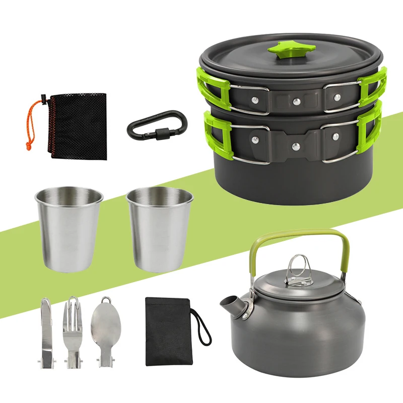 1 Set 8PCS Outdoor Pots Pans Camping Cookware Picnic Cooking Set Non-stick Tableware With Foldable Spoon Fork Knife Kettle Cup