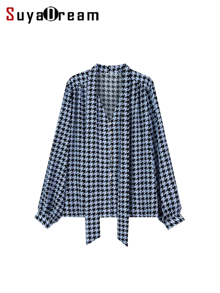 SuyaDream, Women Bow Collar Shirts, 100%Real Silk, Houndstooth Printed Blue Blouses, 2024 Spring Summer Office Lady Top