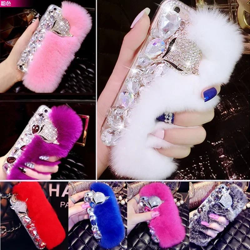 Custodia morbida per telefono in pelliccia di coniglio con diamante di cristallo Bling di lusso per iPhone, 14, 13, 12, 16, 16Pro, X, 15, MAX, XR,