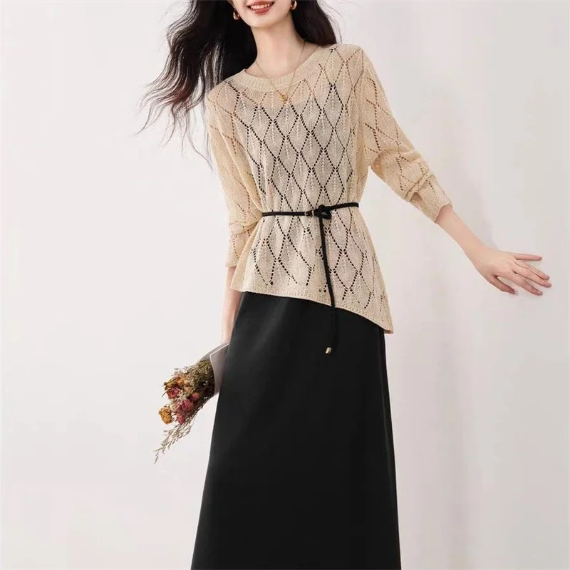 

Two-piece Dress Hollow Knitted Pullover Tops Spring Autumn New Temperament Top Suspender Dresses Sets Loose Women Suits 2PCS
