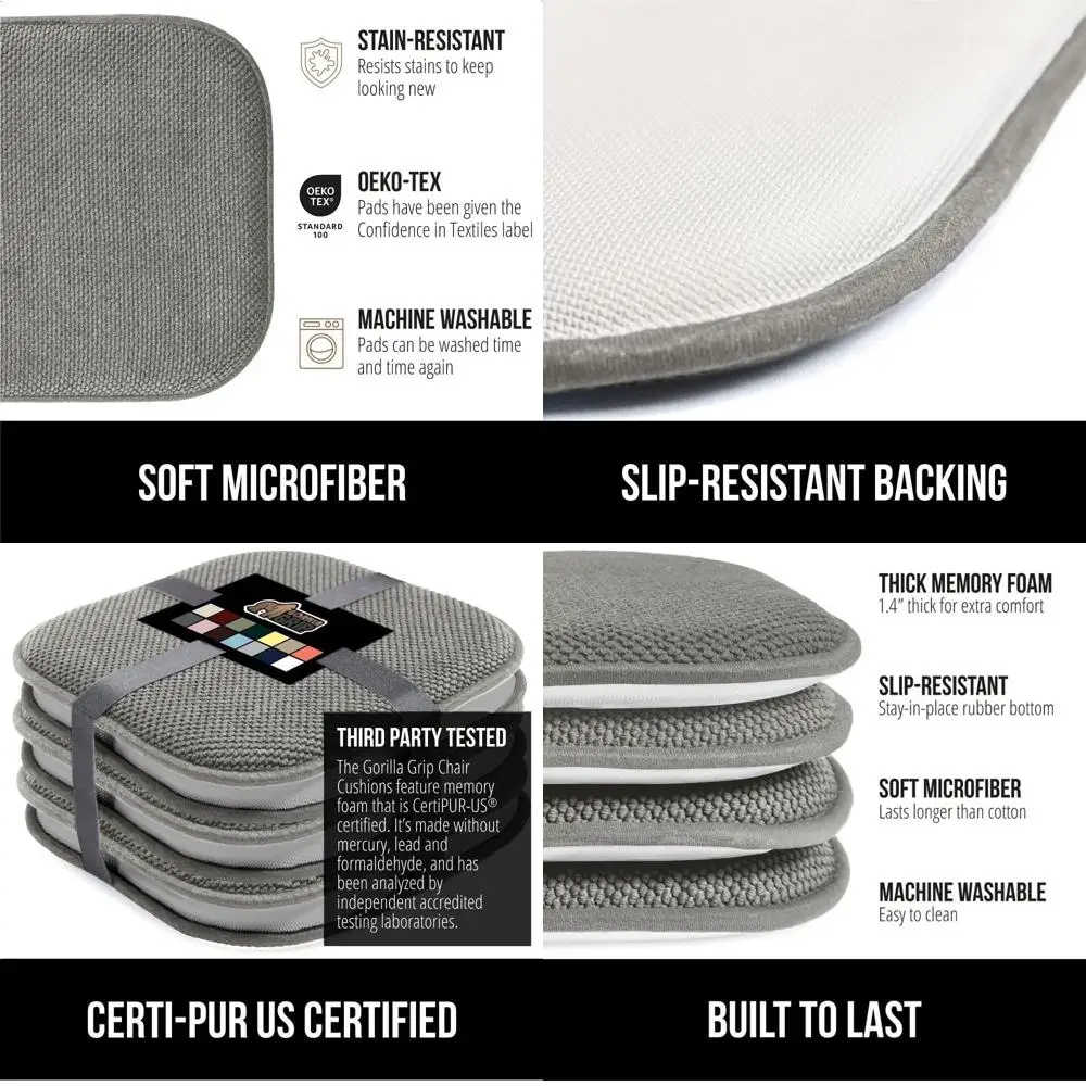 

Set of 8, 16x16 Inch Memory Foam Chair Cushions for Dining, Kitchen, Office, and Rocking Chairs - Grey Comfortable Microfiber Co