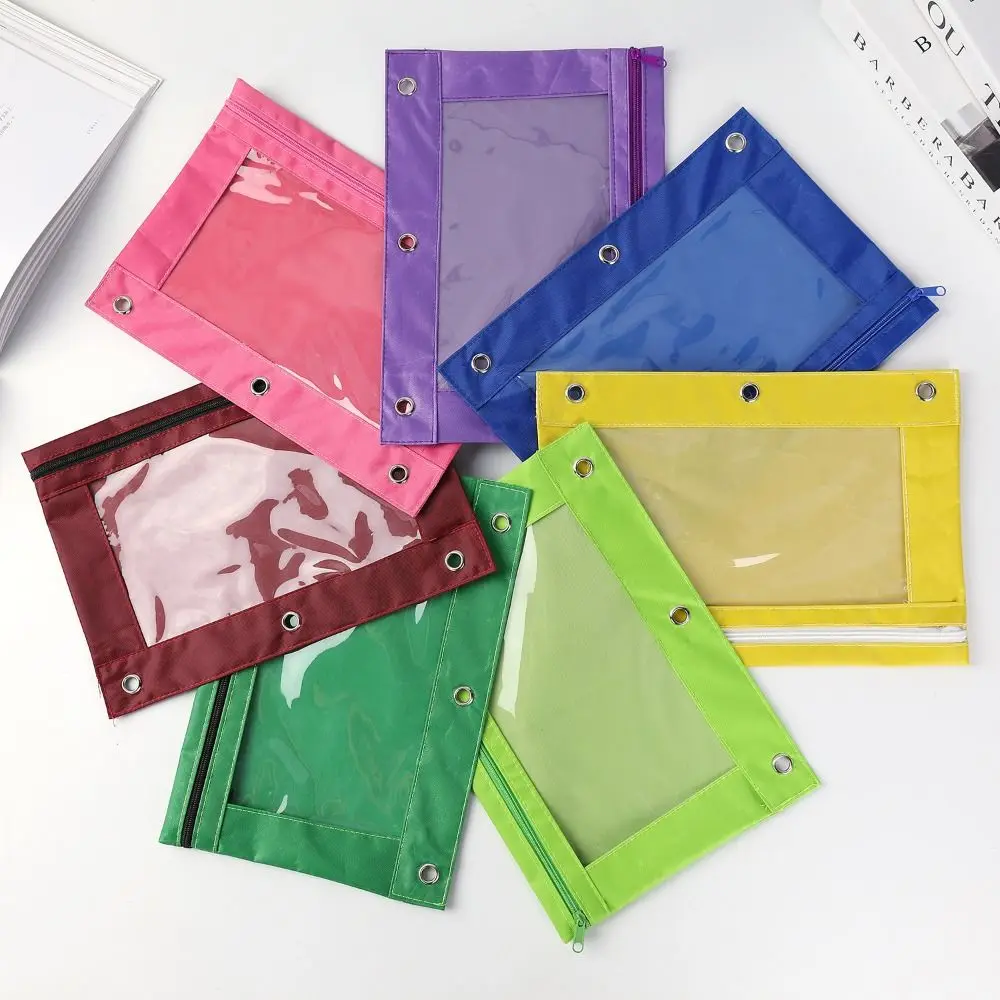 1pc Loose-Leaf Ring Binder Pouch Pencil Bag with Holes 3-Ring Zipper Oxford Cloth Pouches with Clear Window