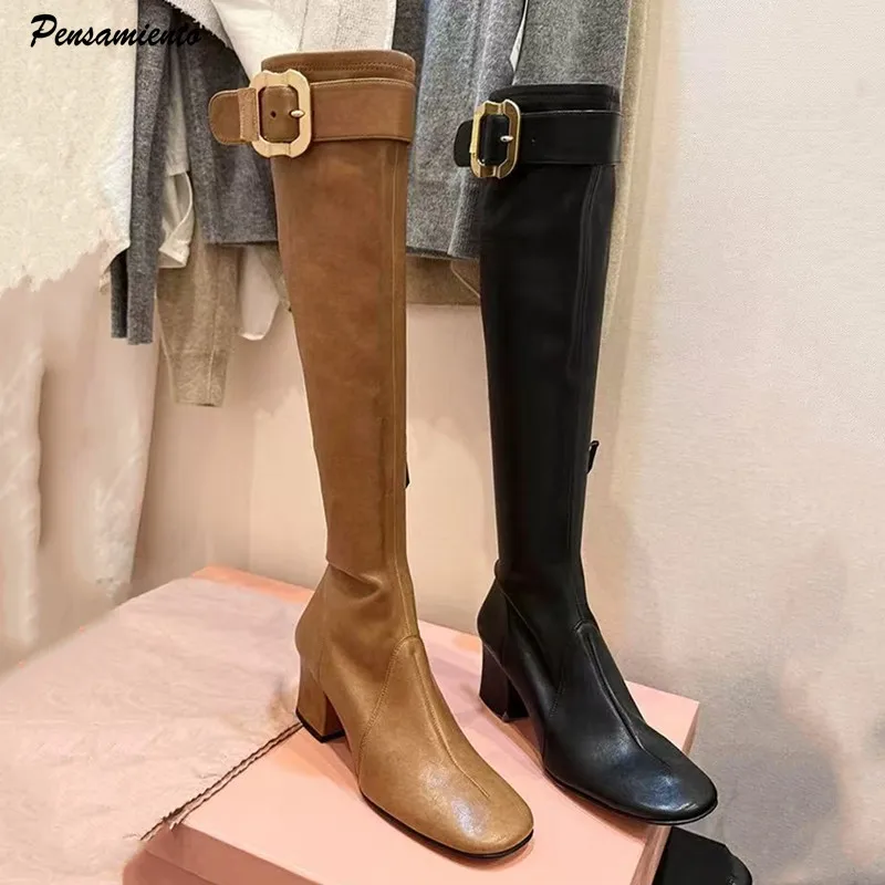 نجمة نمط خمر حزام مشبك جلد مرن النساء أحذية عالية في الركبة الخريف الشتاء عالية الكعب تشيلسي سليم أحذية طويلة الأحذية