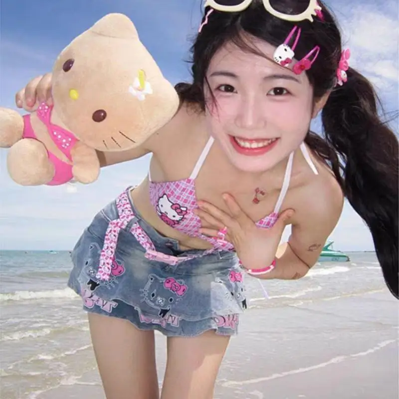 مرحبا كيتي بيكيني ملابس السباحة سانريو مثير ملابس السباحة اليابانية لطيف فتاة الصيف الحلو سبا عطلة السباحة الشاطئ الساخن طباعة ملابس السباحة