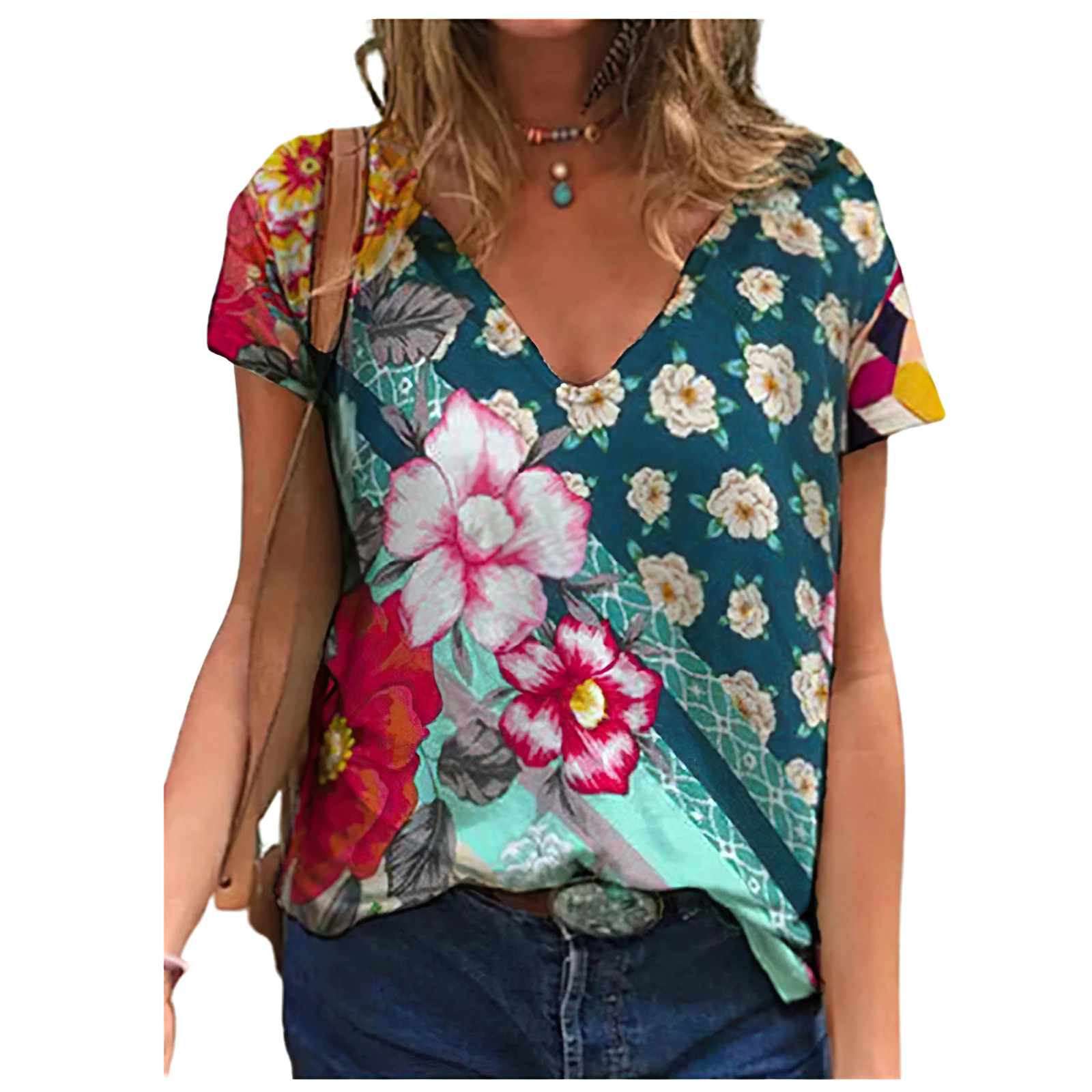 Summer Flower Print Women V-Neck T-Shirts Casual Pullover Loose Short Sleeves Oversized Tee Shirt Female Fashion Clothing 2024