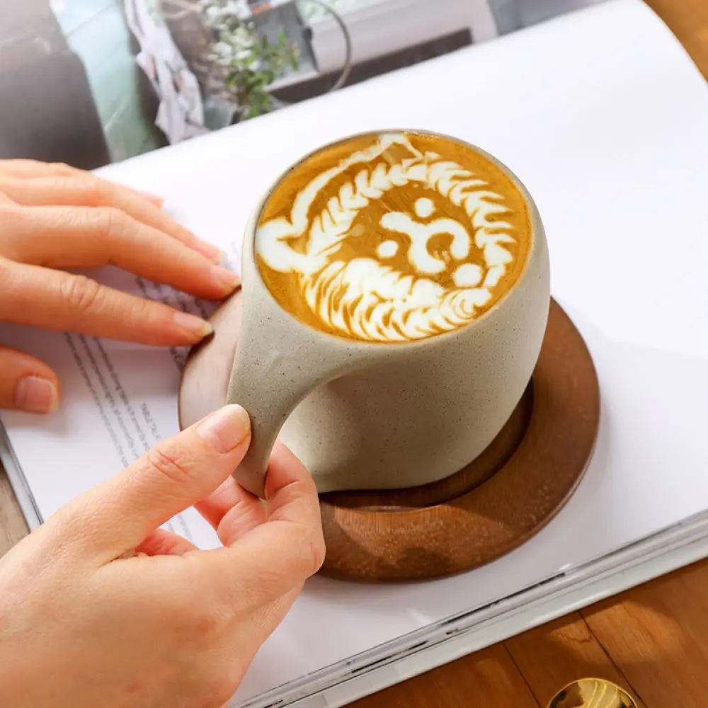 Modern Chinese Style Crescent Coffee Mug Set With Wood Saucer Retro Ceramic Tea Cup Unique Textured Stoneware Kitchen Mug
