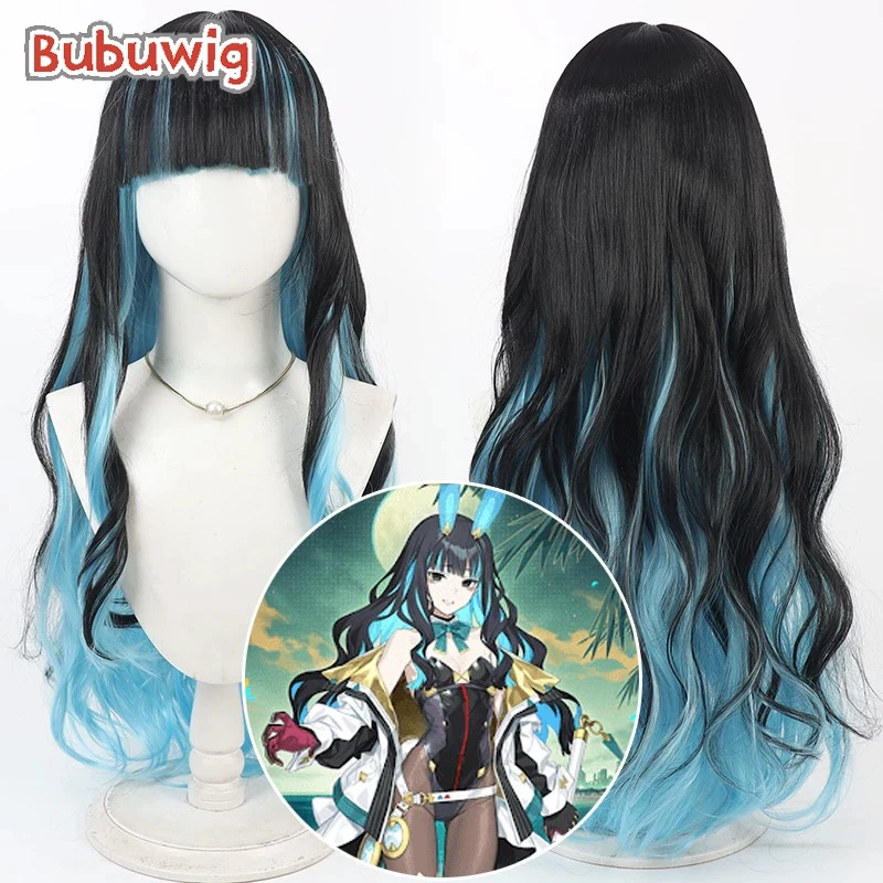 Bubuwig Synthetic Hair Tenochtitlan Tlaloc Cosplay Wigs Fate FGO Tenochtitlan 80cm Long Wavy Black Mixed Blue Wig Heat Resistant