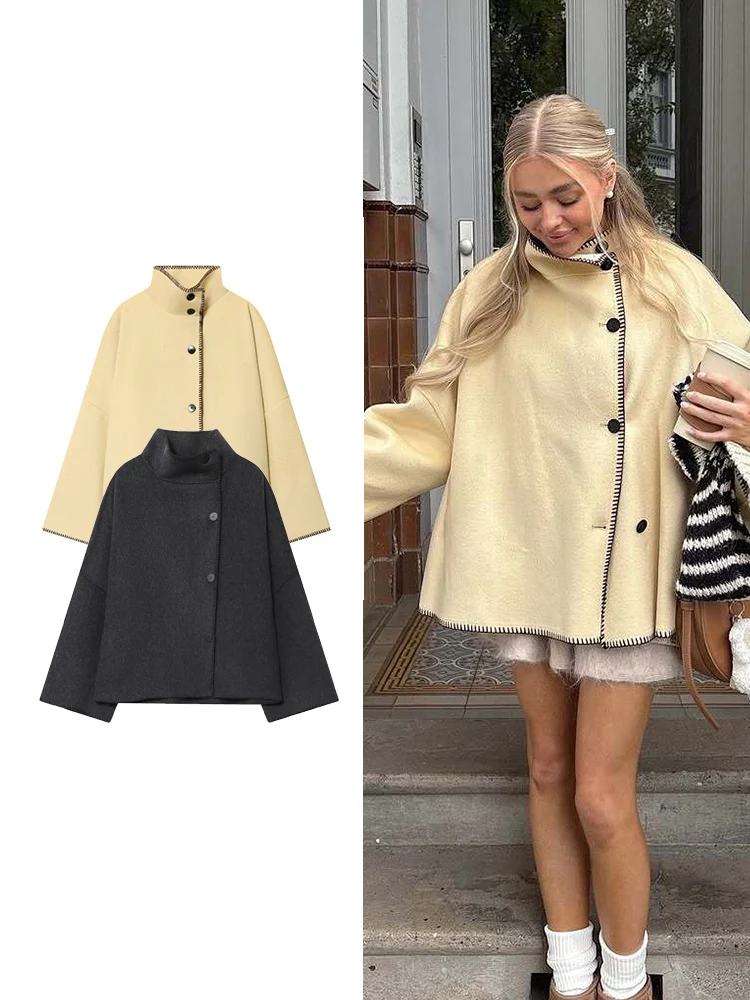 

Women's Turtleneck Single-Breasted Pocket Coats Casual Solid Loose Full Sleeve Female Jacket Coats 2025 Autumn New Jackets