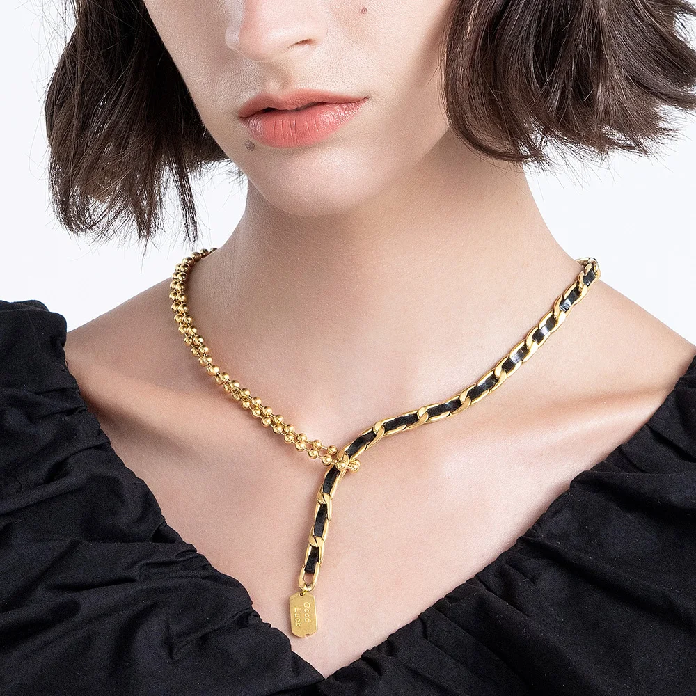 ENFASHION Black Leather Necklace For Women Beads Lucky Choker Gold Color Fashion Jewelry Stainless Steel Collier 2021 P213220