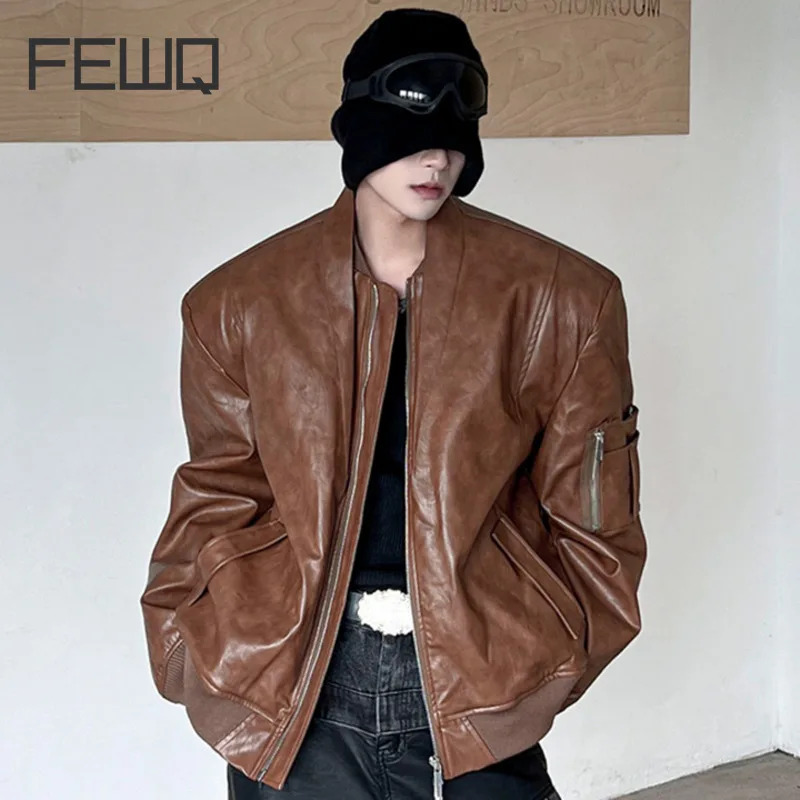 FEWQ PU Leather Patchwork Men's Jackets Collarless Solid Color Cotton Streetwear Male Clothing Zipper Casual Tops Autumn 24E5825