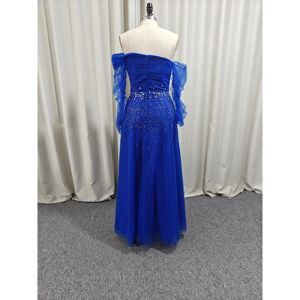 Customized Elegant Royal Blue Women Prom Party Dress 2024 Off Shoulder A Line Long Sleeves Tulle Evening Formal Gowns Dubai Robe