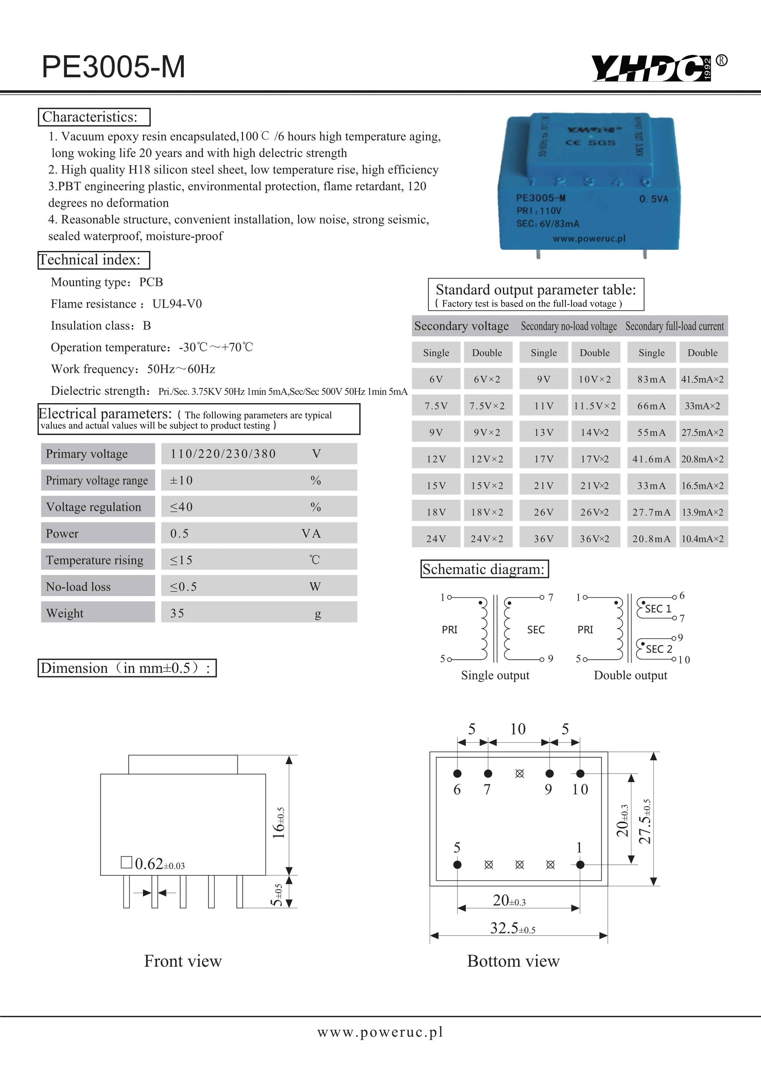 YHDC PE3005-M Power 0.5VA  220V / 6V/7.5V/9V/12V/15V/18V/24V Encapsulated Transformer For PCB Mounted Isolation