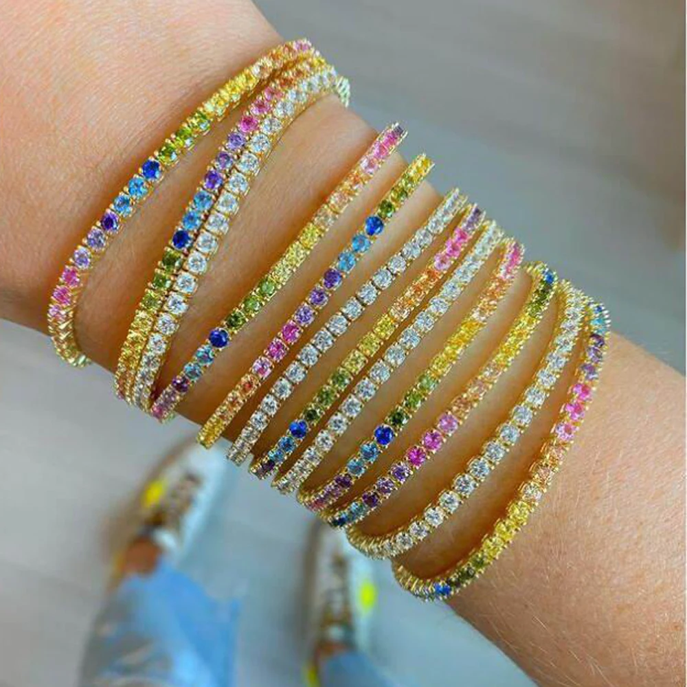 High Quality Rainbow Colorful Charm Geometric Cubic Zirconia 5A CZ Paved 3MM Tennis Chain Bracelet Bangle Classic Women Jewelry