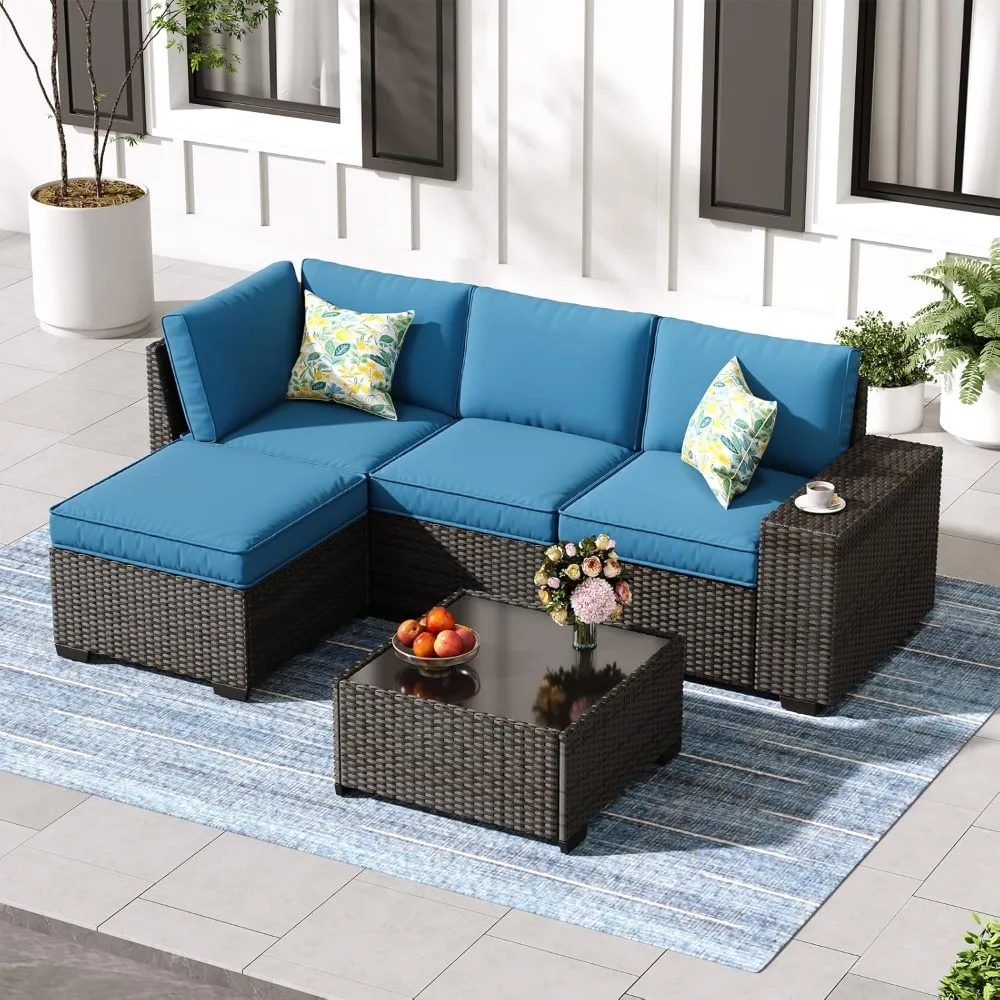 

5-Piece Patio Furniture Set, All-Weather Outdoor Wicker Sectional Sofa with Cushions, Tempered Glass Table & Ottoman