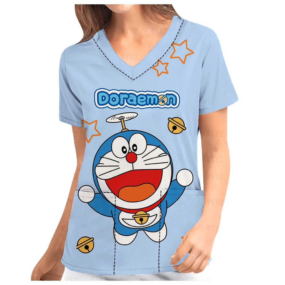 Women'sPet Shop Dental Work Clothes V-Neck Print Scrub Top Doraemon Printed Cartoon Anime Nursing Clothes Comfortable