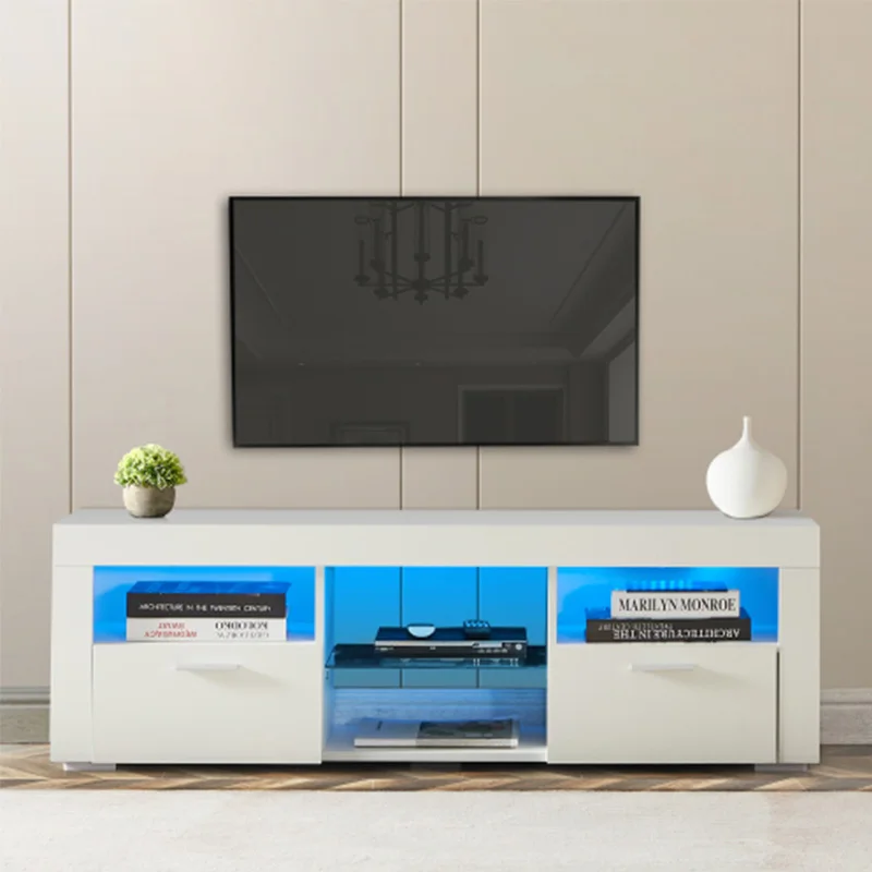 White morden TV Stand with LED Lights,high glossy front TV Cabinet,can be assembled in Lounge Room, Living Room or Bedroom,WHITE