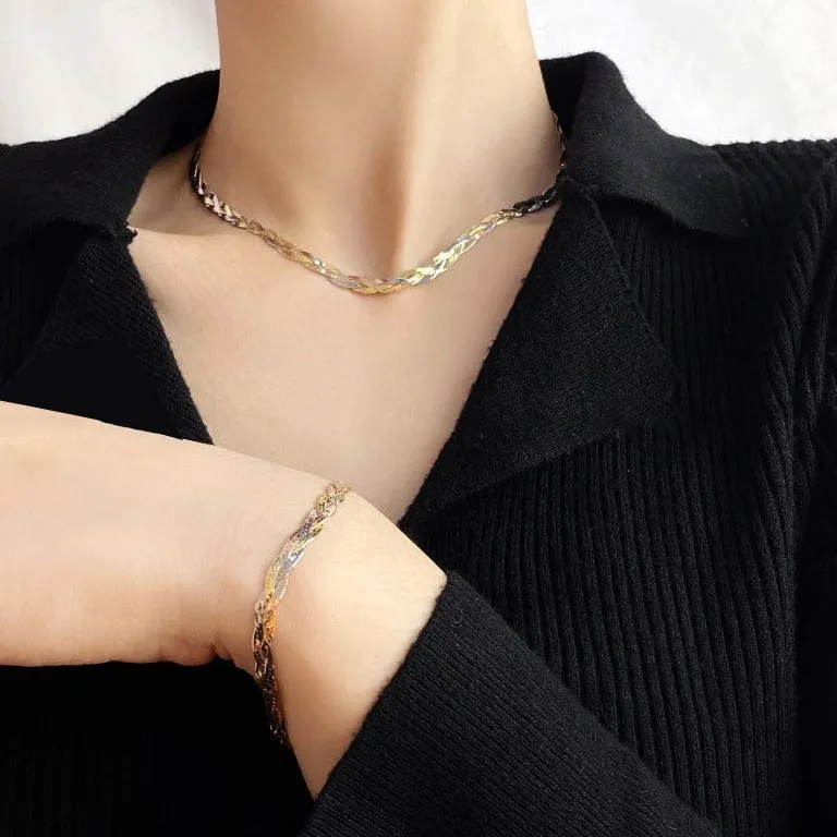 

N S925 Silver Three-color Woven Snake Bone Necklace Women's Light Luxury Temperament Collarbone Chain