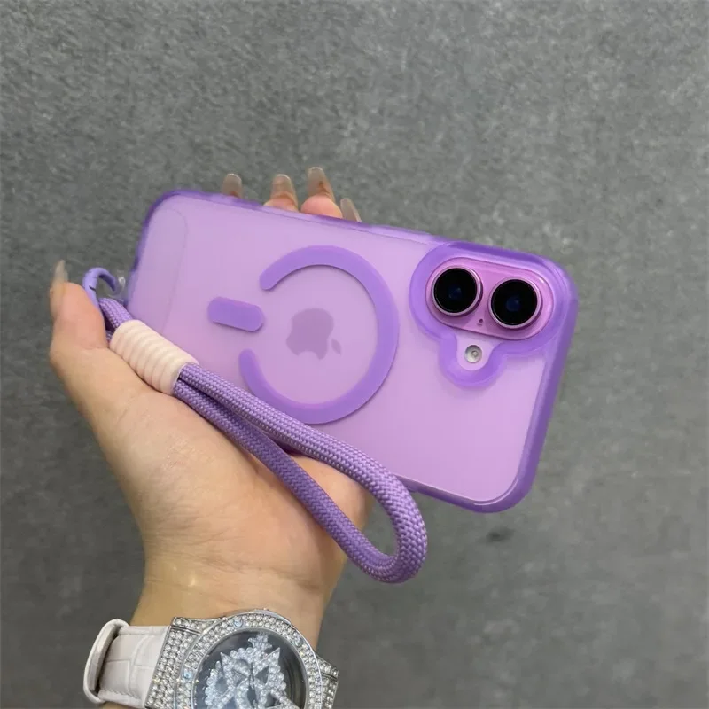 Matte for Magsafe Wrist Strap Case for iPhone 16 15 14 17 Pro Max Air 16 Plus 12 11 13 Lanyard Candy Translucent Magnetic Cover