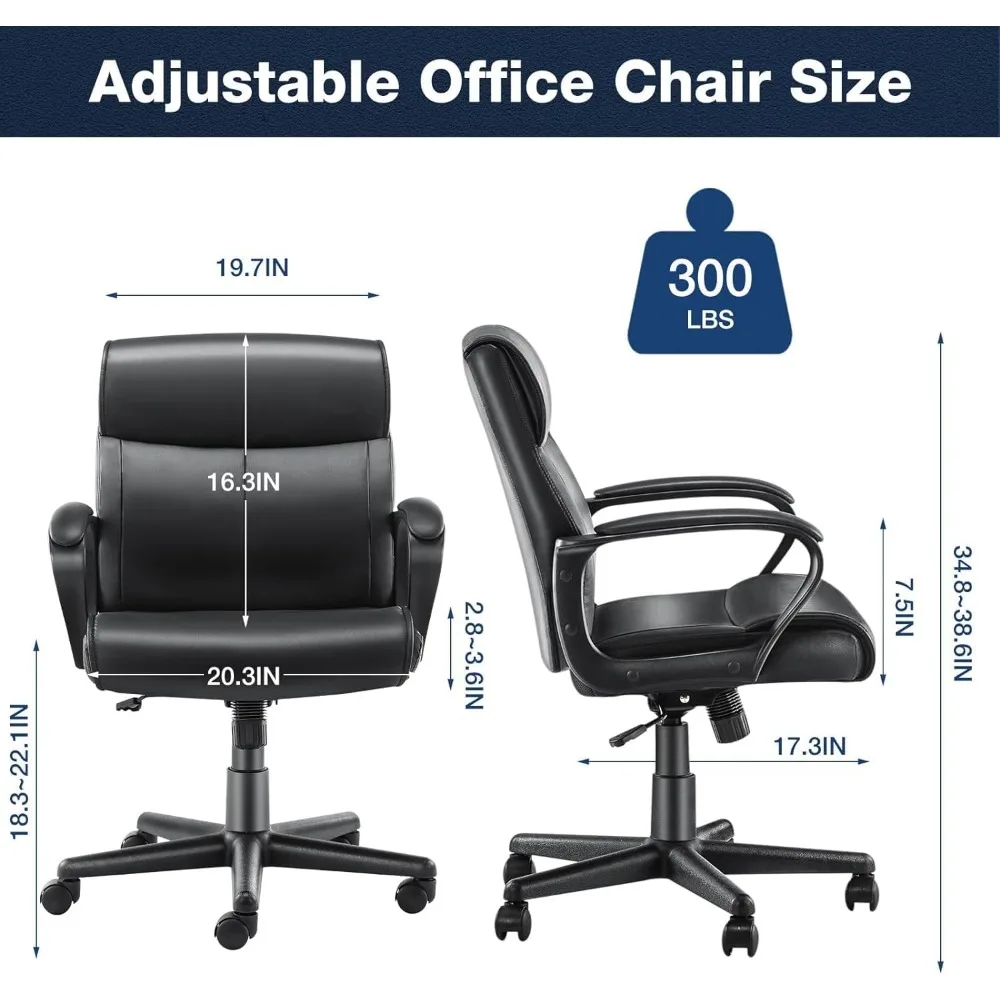 Office Chair Mid Back Lumbar Support and Adjustable Height & Tilt Angle, PU Leather Swivel Rolling