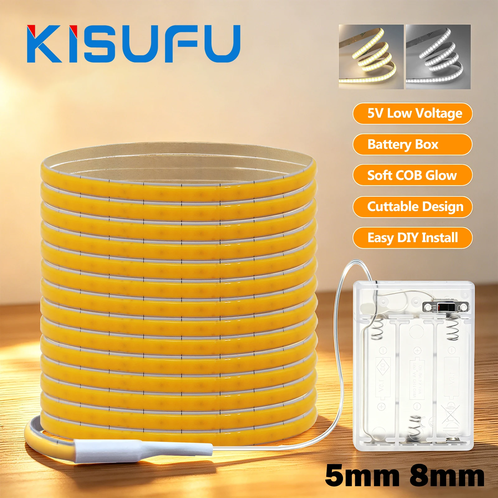5mm 8mm 5V COB LED Strip With 3AA Battery Box 320LED/M White Red Green Ice Blue Flexible Adhesive Tape Room Cabinet TV Backlight