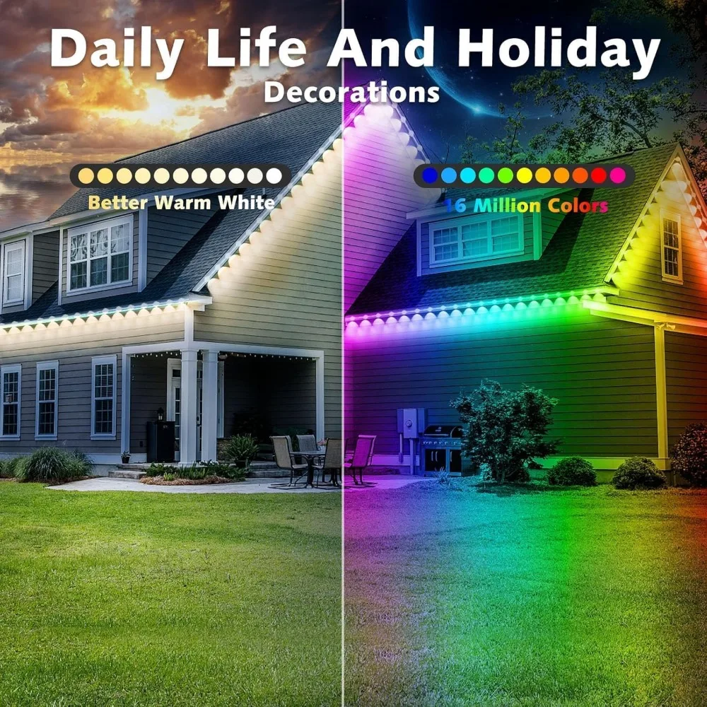 200FT Permanent Outdoor RGB Lights,IP67 Waterproof Smart LED Eaves Lights with App/Remote Control,for Christmas
